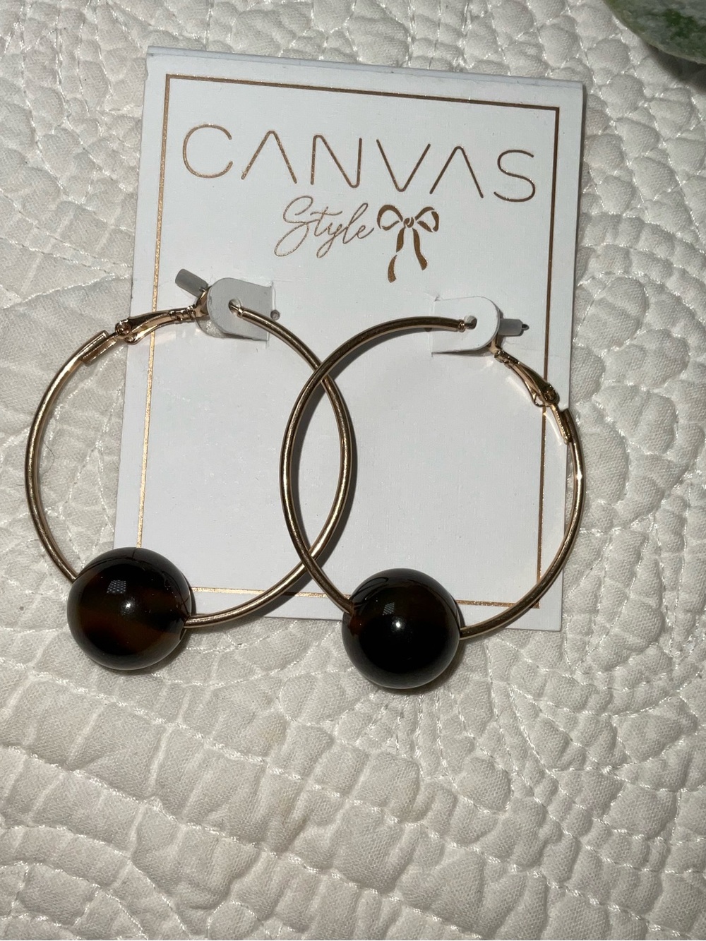 Canvas Style Gold Hoop Earrings with Brown Tortoiseshell Beads